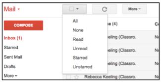 Gmail middle menu options including checkbox dropdown menu