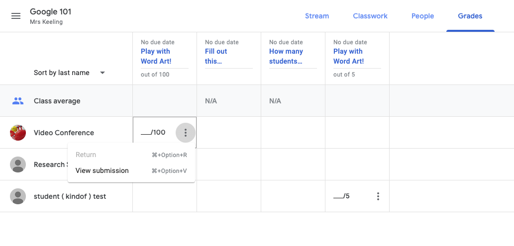 Google Classroom 2019 Grades page