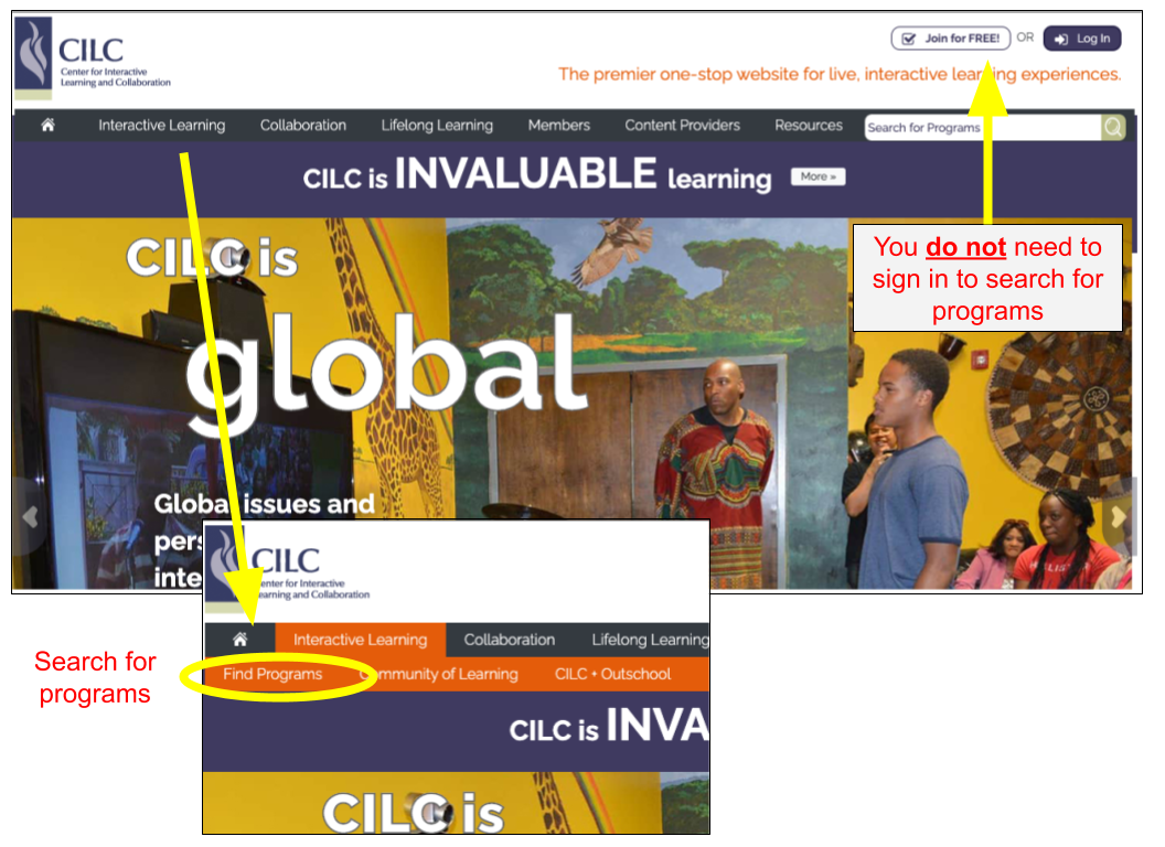 CILC Main Page and search menu location