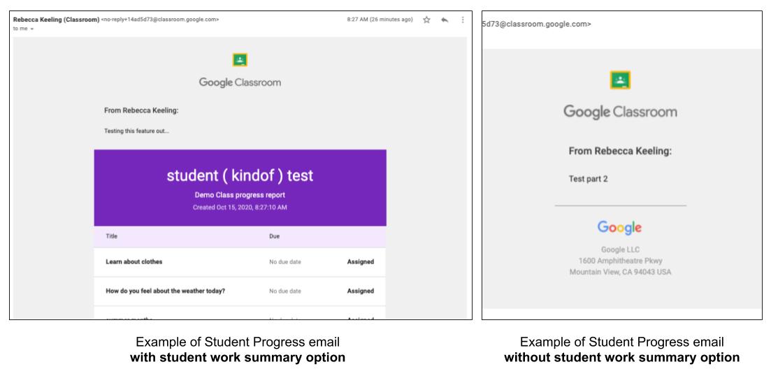 Email samples demonstrating with or without adding student work summary
