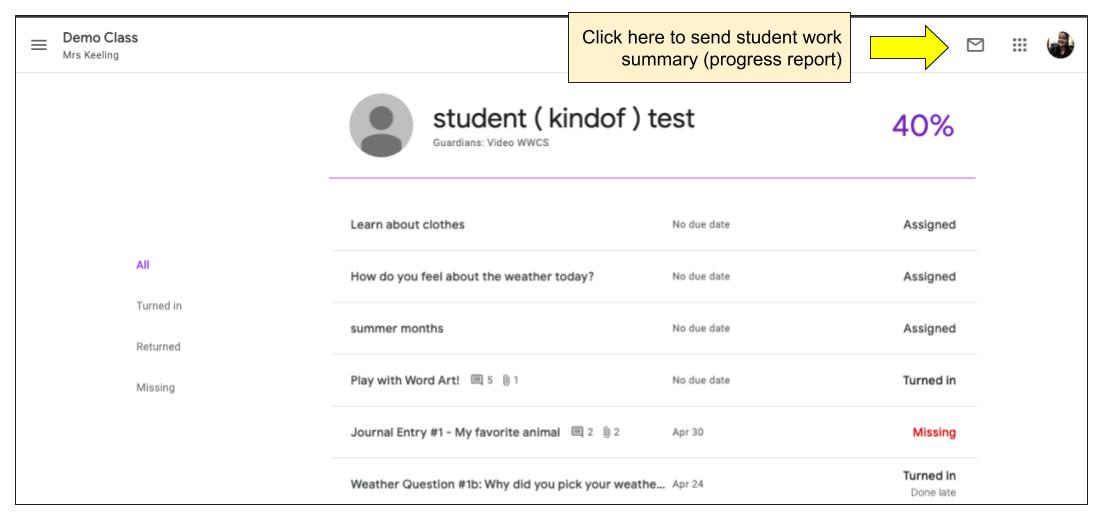 Individual student work page with arrow pointing to where to find Student Work Summary email