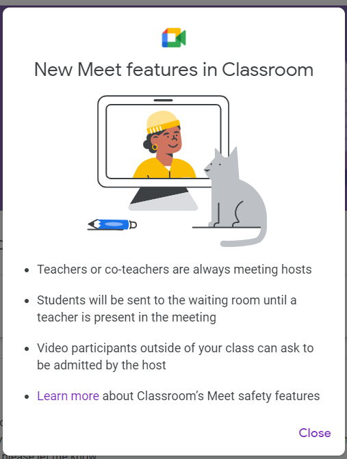 Google Classroom pop-up announcing Meet updates (Oct 2021)