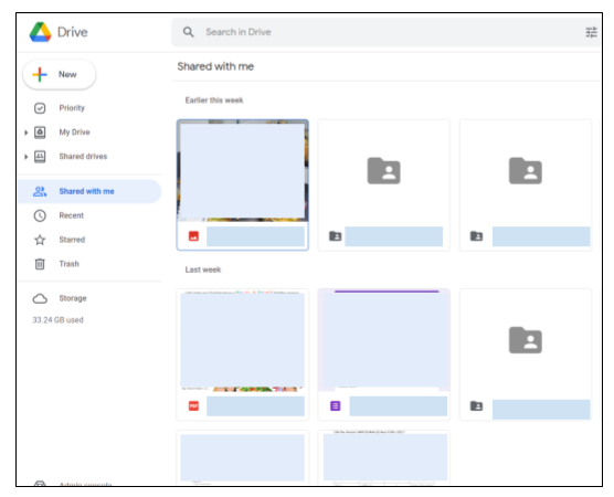 Graphic showing "Shared with me" with the files/folder names covered (for privacy)