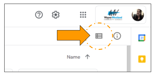 Arrow indicating the list view icon in Google Drive