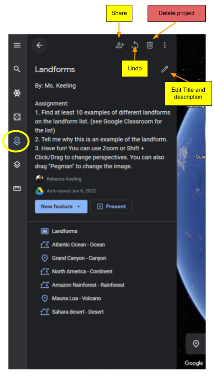 Demonstrates where to find the project icon (Circle) and (from left to right at the top) how to Share, Undo, or Delete a project. The last mentions how to edit the title and description.