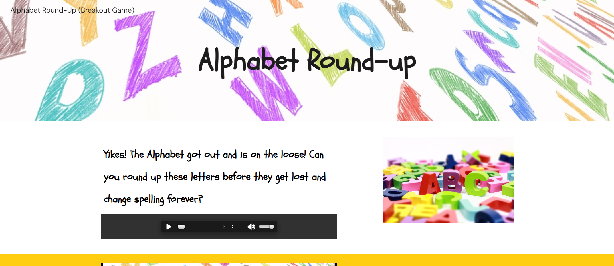 Alphabet Round-Up digital breakout game banner